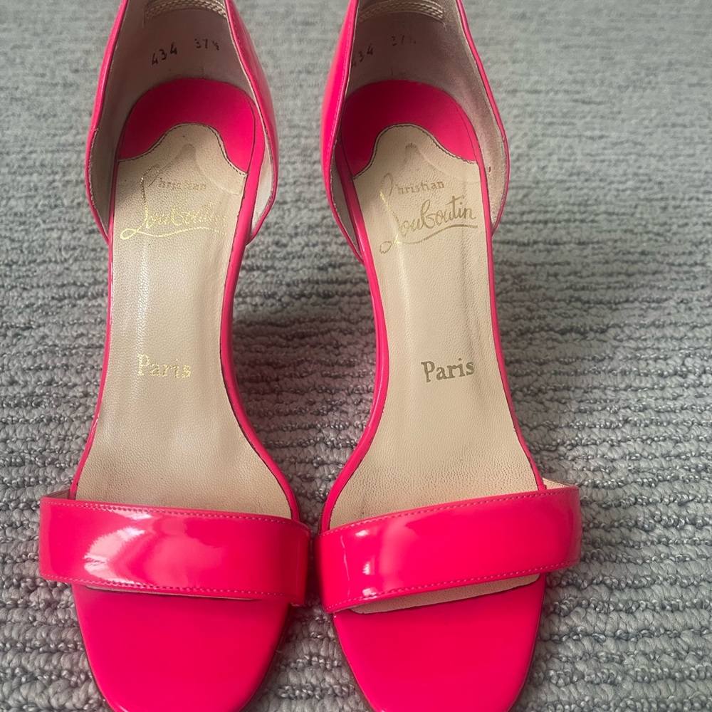 Christian Louboutin pantent hot pink wedges